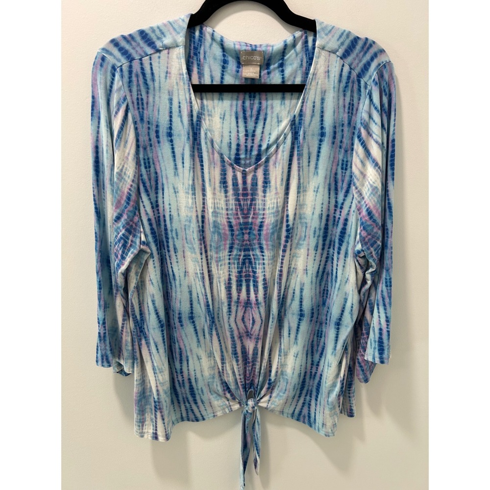 Chicos Tie Dye V-Neck Top Blue Purple 3/4 Sleeve Front Knot Size 3 XL